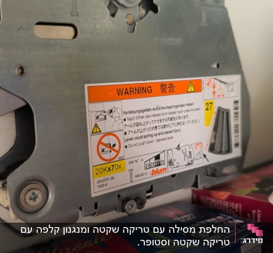 חלק מתכת עם אזהרה ומוצרים על מדף